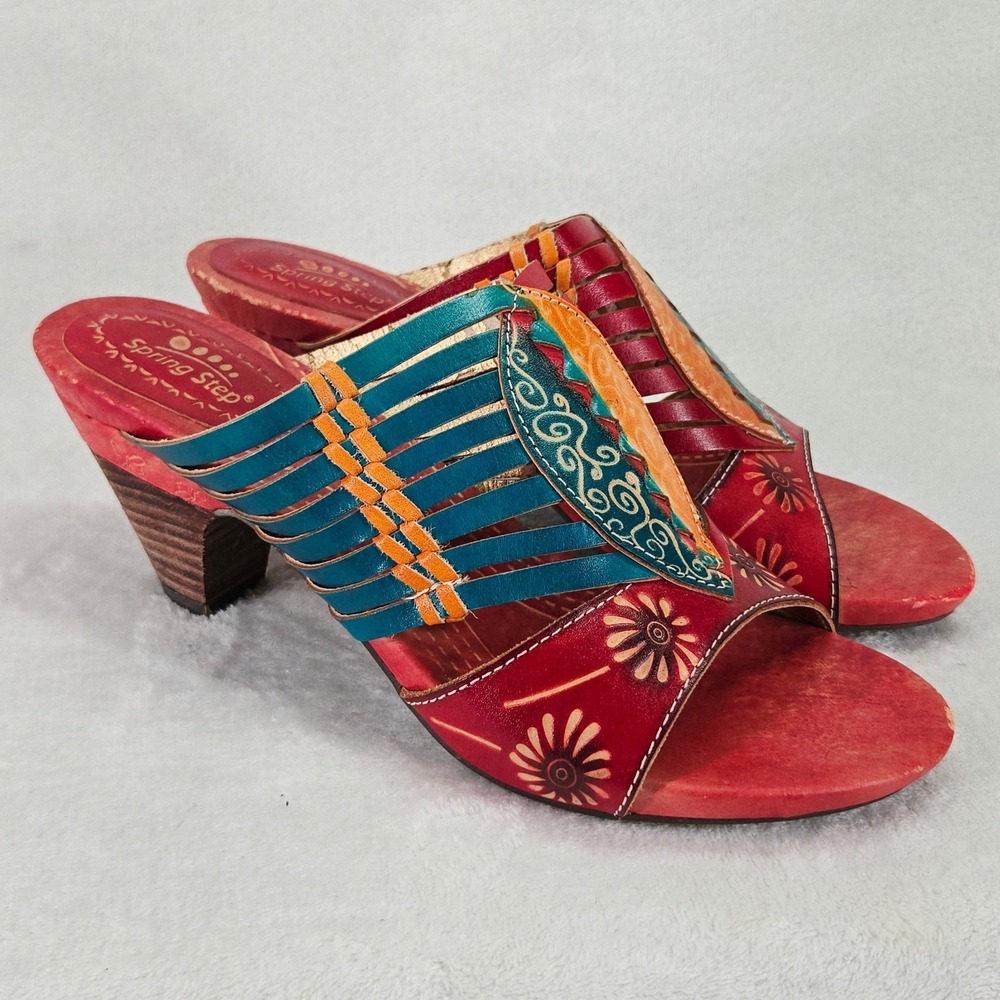 Spring Step MINKA Sandals Womens 39 Red Blue Leather Open Toe Mule Floral BOHO